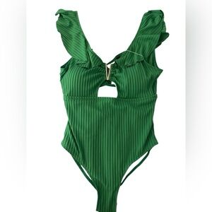 Musemaker One Piece Swimsuit Slimming Cutout Deep V Neck Ruffle Ribbed NWT